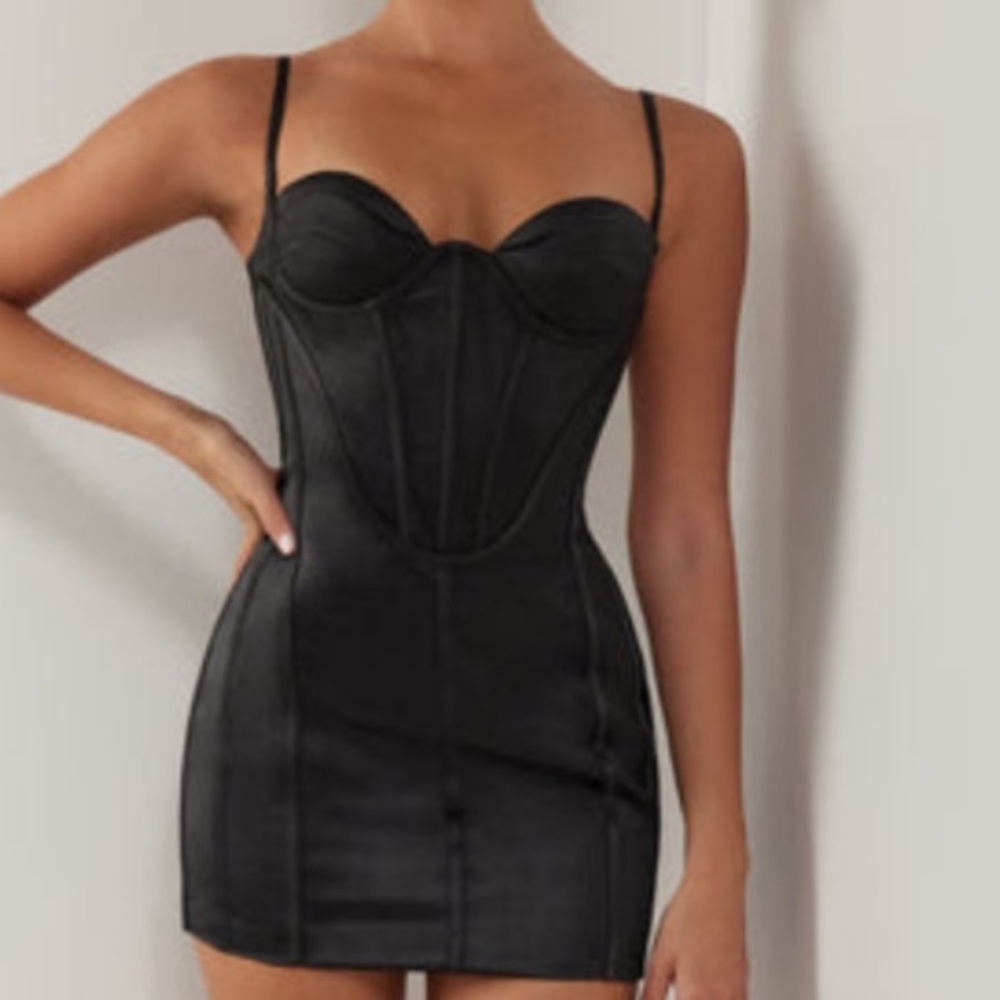 Heiress Beverly Hills Black Satin’s Corset Mini Dress (size S) NWT